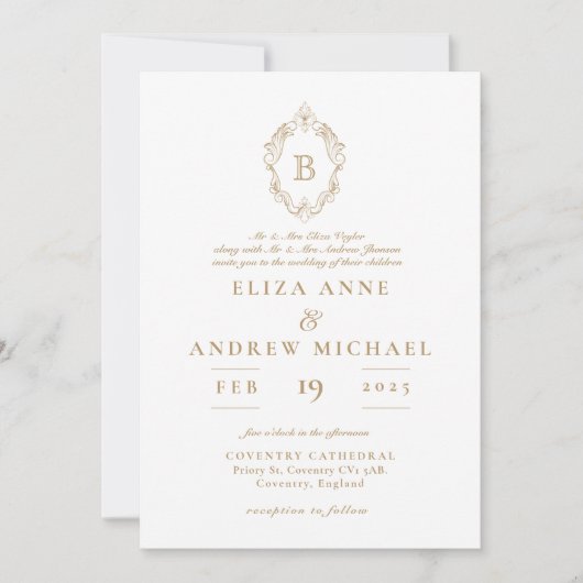 Invitation Élégant Mariage de crête de monogramme or et blanc (Devant)