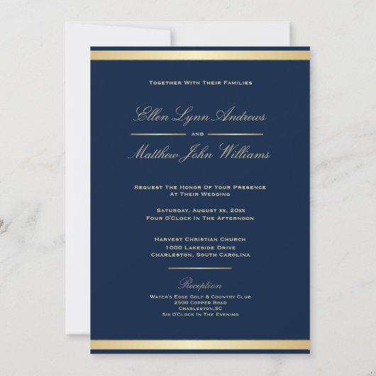 Invitation Elégant Mariage de découpe bleu et or de la marine (Dos)