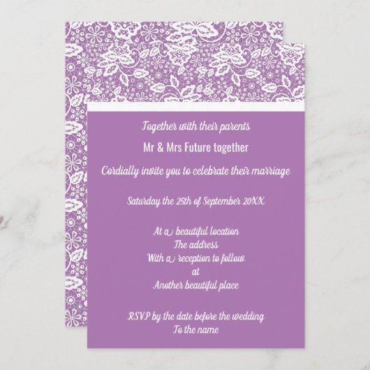 Invitation Élégant Mariage de dentelle blanc violet (Devant / Derrière)