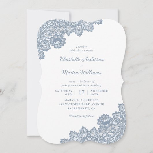 Invitation Élégant Mariage de dentelle bleu bleu bleu floral (Devant)