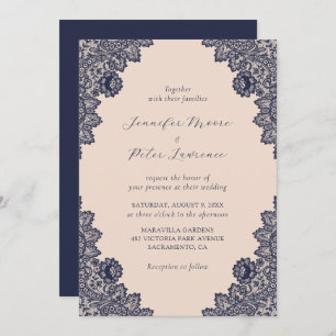 Invitation Elégant Mariage de dentelle bleu marine Champagne
