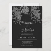 Invitation Élégant mariage de dentelle fleurie noire et blanc (Devant)