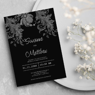 Invitation Élégant mariage de dentelle fleurie noire et blanc