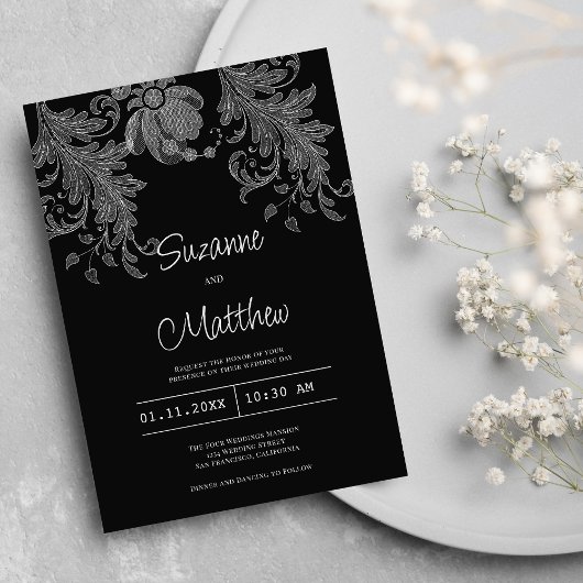 Invitation Élégant mariage de dentelle fleurie noire et blanc