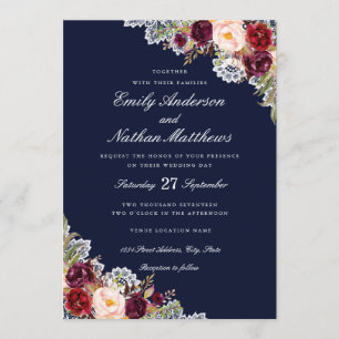 Invitation Élégant Mariage de dentelle florale de Bourgogne