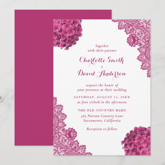 Invitation Élégant Mariage de dentelle florale rose chaud rus (Devant / Derrière)