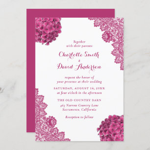 Invitation Élégant Mariage de dentelle florale rose chaud rus