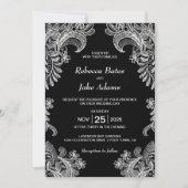 Invitation Élégant Mariage de dentelle noir et blanc (Devant)