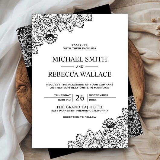 Invitation Élégant Mariage de dentelle noir et blanc