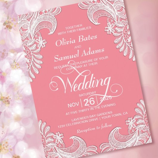 Invitation Élégant Mariage de dentelle rose