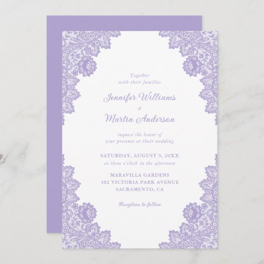 Invitation Élégant Mariage de dentelle violette (Devant / Derrière)
