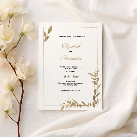 Invitation Élégant Mariage de feuillage blanc et or
