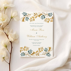 Invitation Élégant Mariage de feuillage cyan gris or blanc