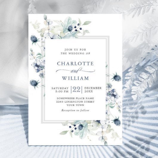 Invitation Élégant Mariage de feuillage d'hiver Dusty Blue Bo
