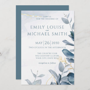 Invitation Elégant Mariage de feuillage doré bleu-bleu-bleu-b
