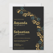Invitation Élégant mariage de feuillage vert cyan d'or noir (Devant)
