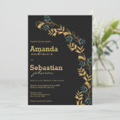 Invitation Élégant mariage de feuillage vert cyan d'or noir (Debout devant)