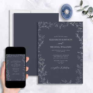 Invitation Élégant Mariage de feuille bleu minimal de la mari
