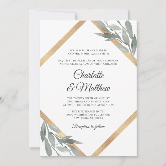 Invitation Élégant Mariage de feuille botanique de verdure or (Devant)