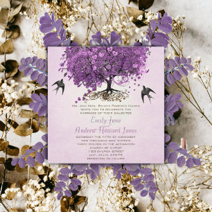 Invitation Élégant Mariage de feuille de coeur rose violet
