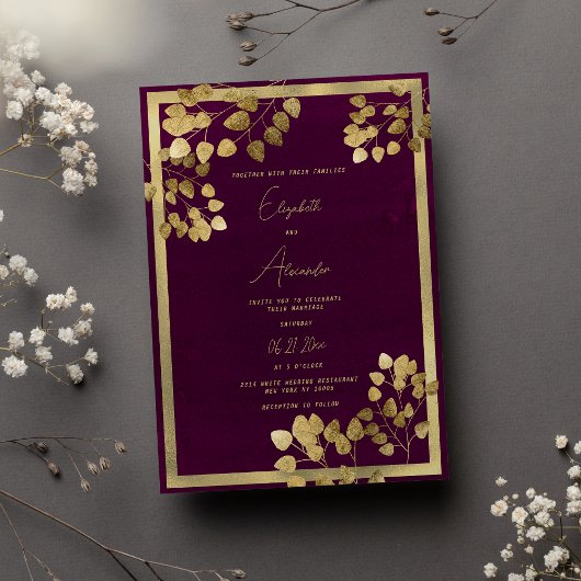 Invitation Élégant mariage de feuille d'eucalyptus en or bord