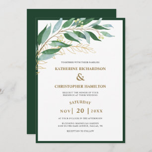 Invitation Élégant Mariage de feuille d'or verte de la forêt 