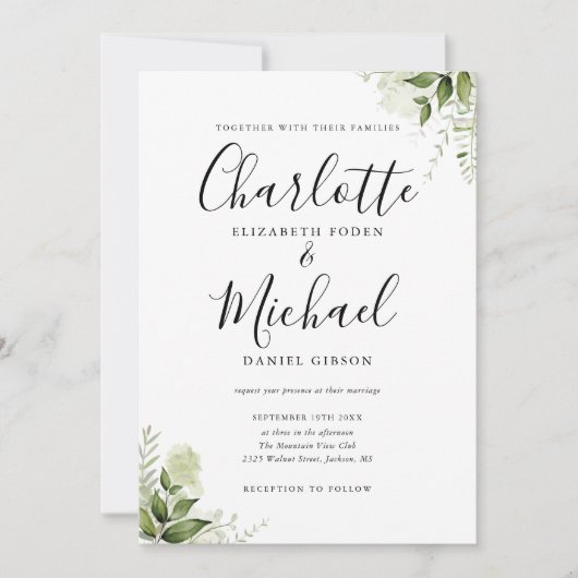Invitation Élégant mariage de feuilles de verdure de script d (Devant)