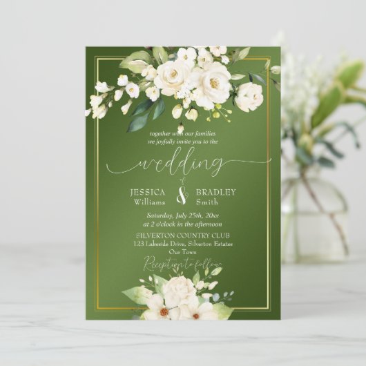 Invitation Élégant mariage de fleurs blanches vertes (Debout devant)