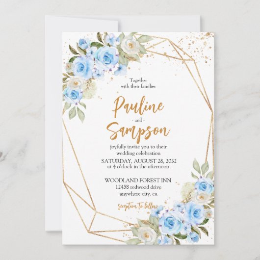 Invitation Elégant Mariage de Fleurs Bleues (Devant)