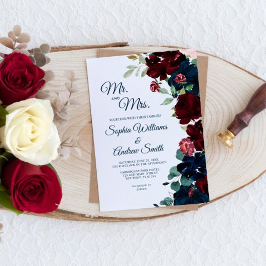 Invitation Elégant Mariage de fleurs bleues de Bourgogne et d