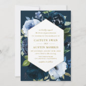 Invitation Élégant mariage de fleurs bleues de la marine (Devant)