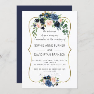 Invitation Elégant Mariage de fleurs bleues de la Marine d'or