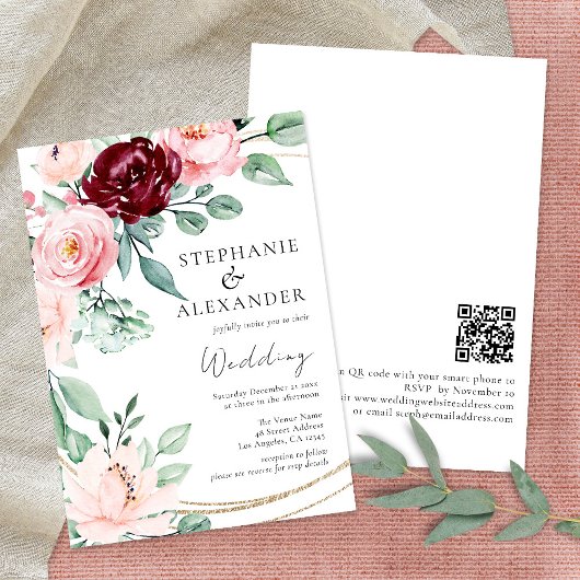 Invitation Élégant Mariage de Fleurs Bourgogne Rose Blancs