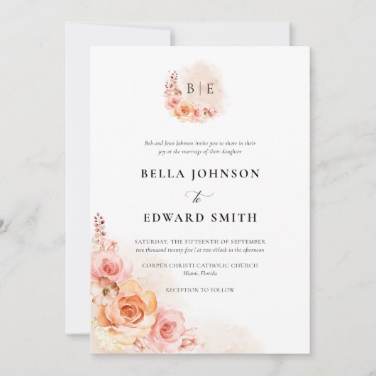 Invitation Elégant Mariage de fleurs d'aquarelle (Devant)