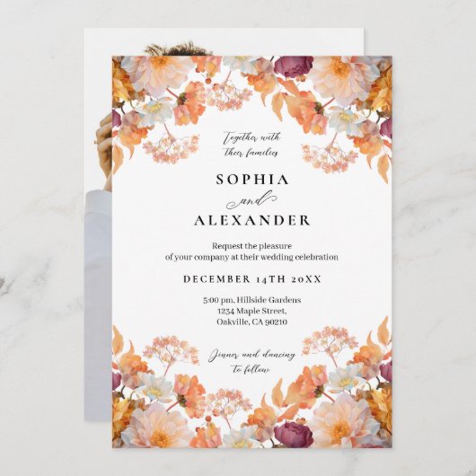 Invitation Élégant Mariage de fleurs d'automne (Devant / Derrière)