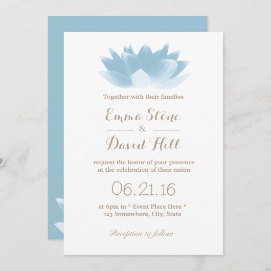 Invitation Élégant Mariage de fleurs Lotus Bleu Lumière (Devant / Derrière)