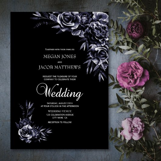 Invitation Élégant Mariage de fleurs noires