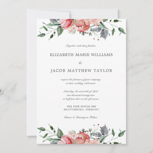 Invitation Élégant Mariage de Fleurs Roses et Calligraphie (Devant)