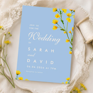 Invitation Élégant mariage de fleurs sauvages bleues et jaune