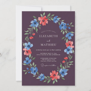Invitation Élégant mariage de fleurs sauvages prune et bleuet