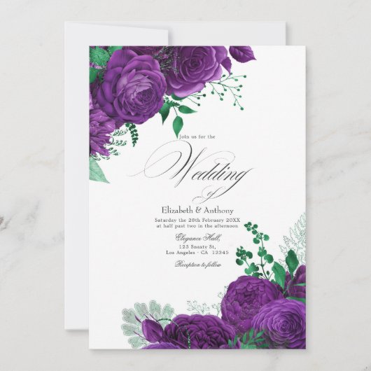 Invitation Élégant Mariage de fleurs violettes et vertes QR C (Devant)