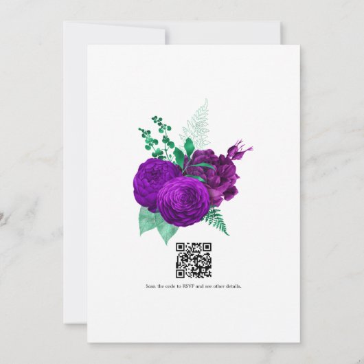 Invitation Élégant Mariage de fleurs violettes et vertes QR C (Dos)