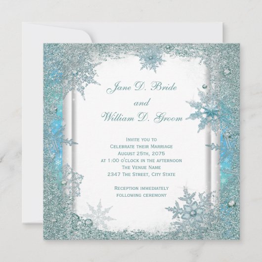 Invitation Élégant Mariage de flocons de neige bleu Turquoise (Devant)