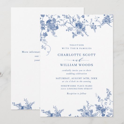 Invitation Élégant Mariage de Floral Bleu Victorien Français (Devant / Derrière)