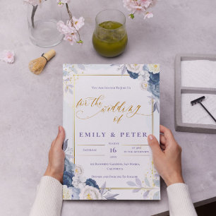 Invitation Elégant Mariage de frontière bleu floral or Dusty