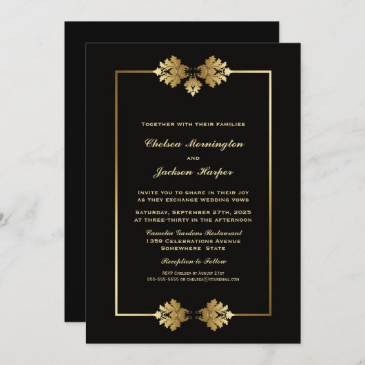 Invitation Élégant Mariage de frontière noir et or (Devant / Derrière)