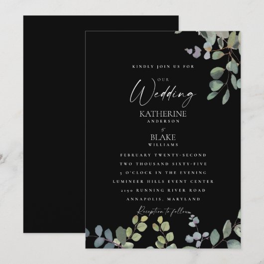 Invitation Élégant Mariage de grâce tout Eucalyptus noir (Devant / Derrière)