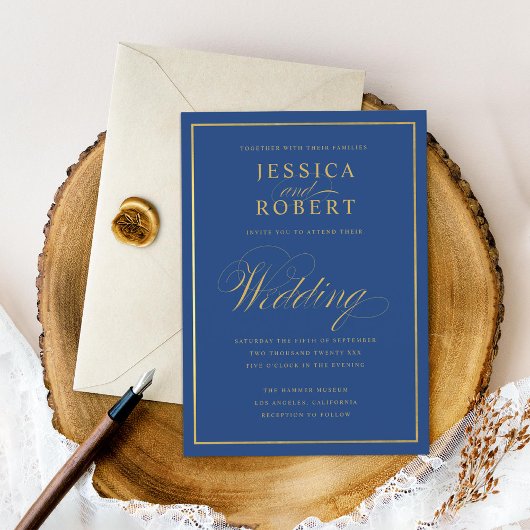 Invitation Elégant Mariage de la frontière d'or Faux Dark Nav