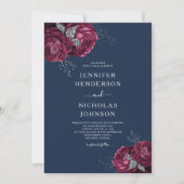 Invitation Élégant Mariage de la marine Blue Burgundy Floral (Devant)