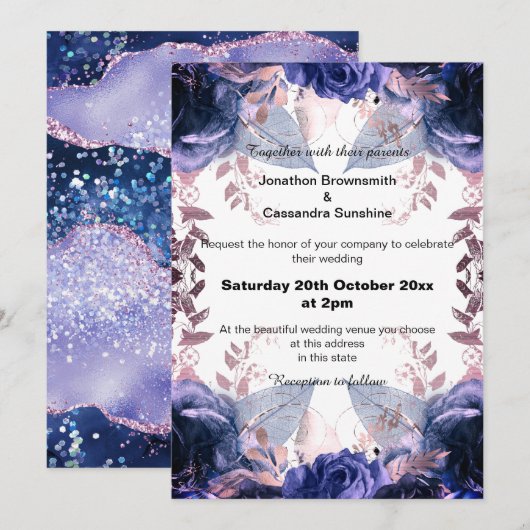 INVITATION ÉLÉGANT MARIAGE DE LA MARINE FLORALE PURANT (Devant / Derrière)